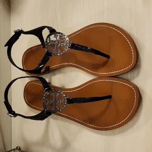 Rhinestone Miller Emblem Sandals/Thongs in Patenet Leather Black