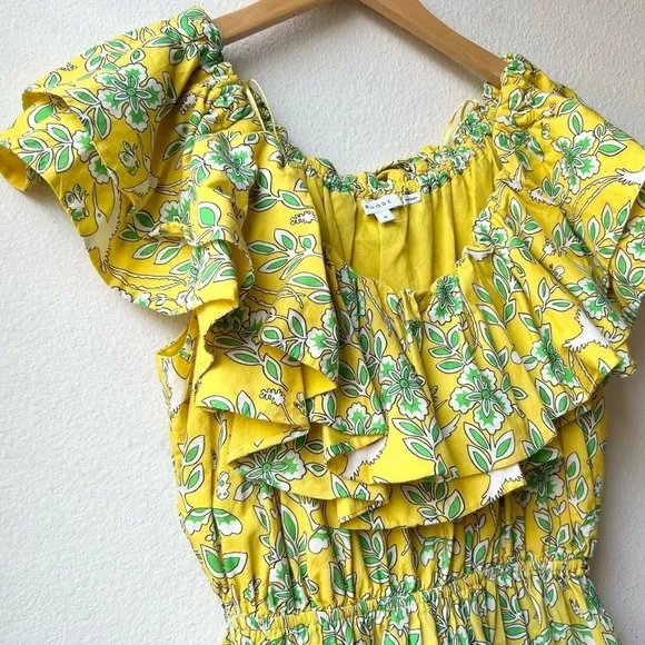 Rhode Dotty Off-the-Shoulder Yellow Green Floral Tiered Ruffle Eden Dress Size M