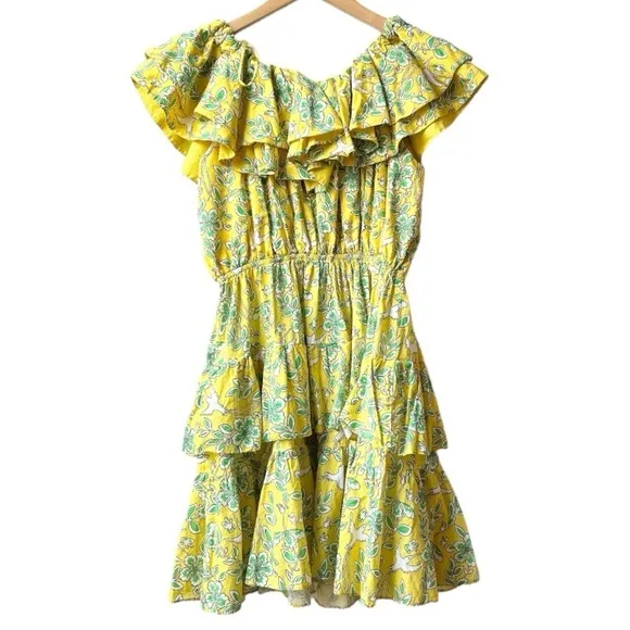 Rhode Dotty Off-the-Shoulder Yellow Green Floral Tiered Ruffle Eden Dress Size M