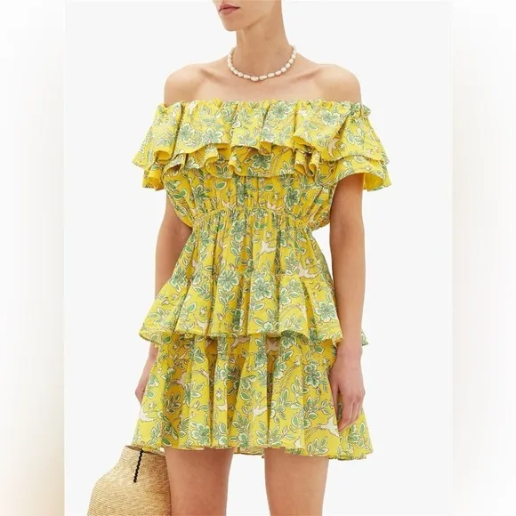 Rhode Dotty Off-the-Shoulder Yellow Green Floral Tiered Ruffle Eden Dress Size M