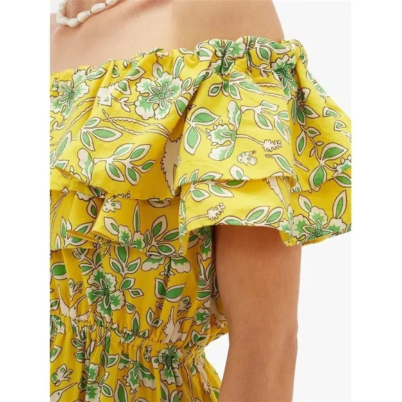 Rhode Dotty Off-the-Shoulder Yellow Green Floral Tiered Ruffle Eden Dress Size M