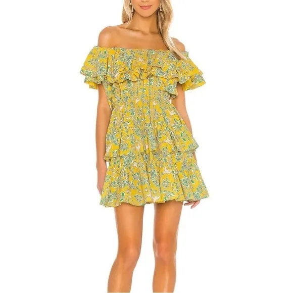 Rhode Dotty Off-the-Shoulder Yellow Green Floral Tiered Ruffle Eden Dress Size M