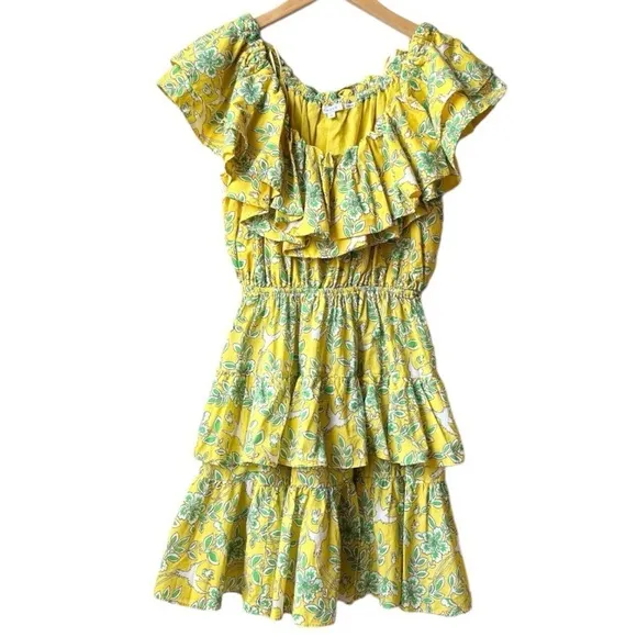 Rhode Dotty Off-the-Shoulder Yellow Green Floral Tiered Ruffle Eden Dress Size M
