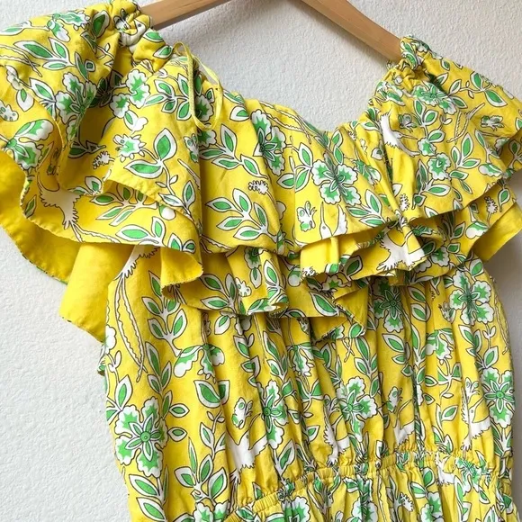 Rhode Dotty Off-the-Shoulder Yellow Green Floral Tiered Ruffle Eden Dress Size M
