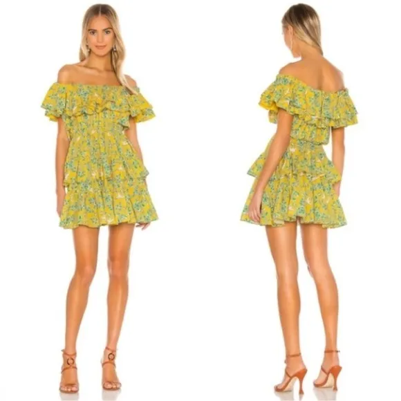 Rhode Dotty Off-the-Shoulder Yellow Green Floral Tiered Ruffle Eden Dress Size M