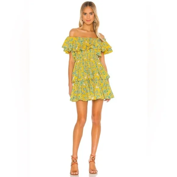 Rhode Dotty Off-the-Shoulder Yellow Green Floral Tiered Ruffle Eden Dress Size M