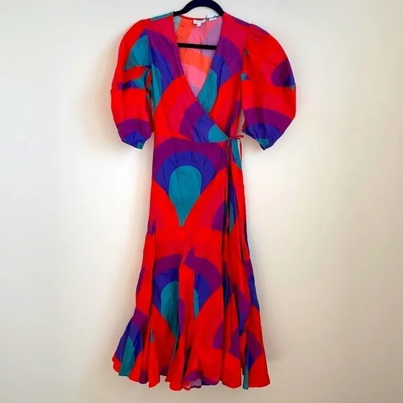 Rhode Resort Red Fiona Rainbow print cotton wrap dress XS