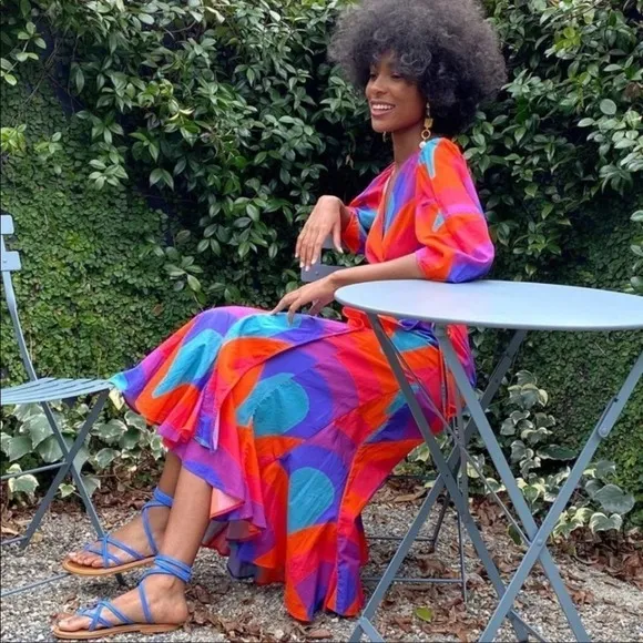 Rhode Resort Red Fiona Rainbow print cotton wrap dress XS