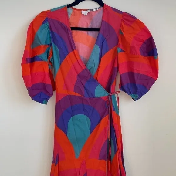 Rhode Resort Red Fiona Rainbow print cotton wrap dress XS