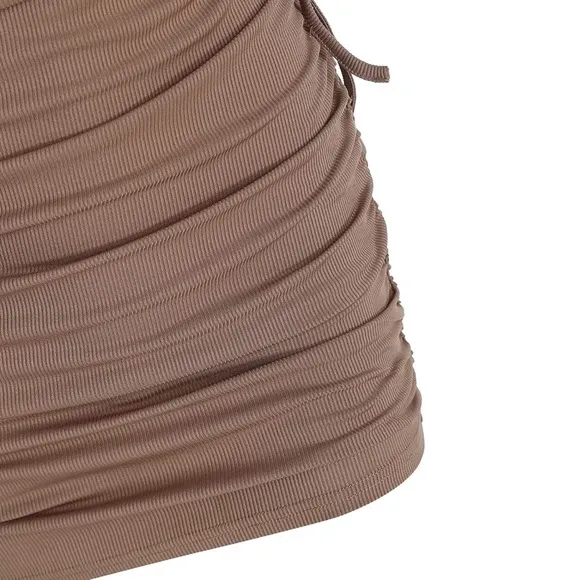 Ribbed V-Neck Waist Side Cutout Tie Ruched Slinky Bodycon Mini Dress Coffee S