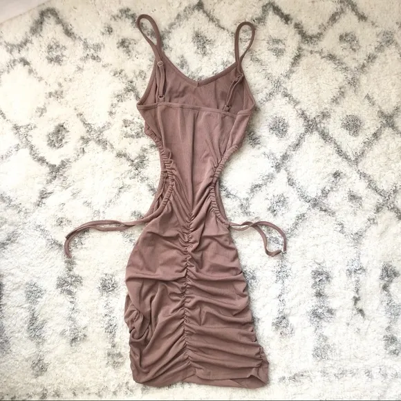 Ribbed V-Neck Waist Side Cutout Tie Ruched Slinky Bodycon Mini Dress Coffee S