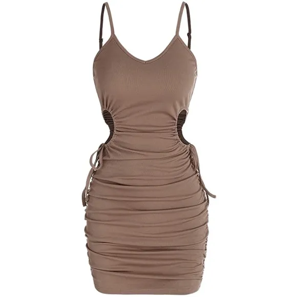 Ribbed V-Neck Waist Side Cutout Tie Ruched Slinky Bodycon Mini Dress Coffee S