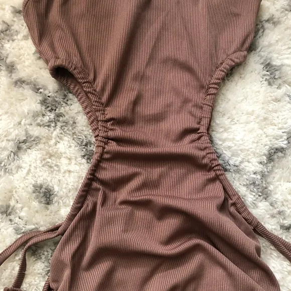 Ribbed V-Neck Waist Side Cutout Tie Ruched Slinky Bodycon Mini Dress Coffee S