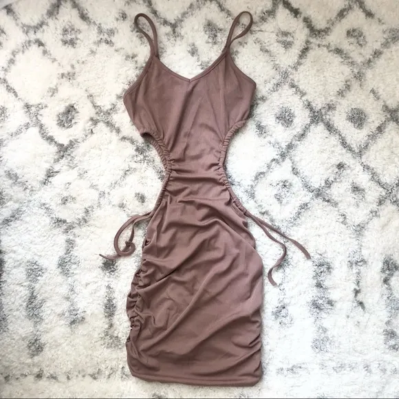 Ribbed V-Neck Waist Side Cutout Tie Ruched Slinky Bodycon Mini Dress Coffee S