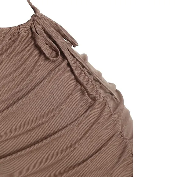 Ribbed V-Neck Waist Side Cutout Tie Ruched Slinky Bodycon Mini Dress Coffee S