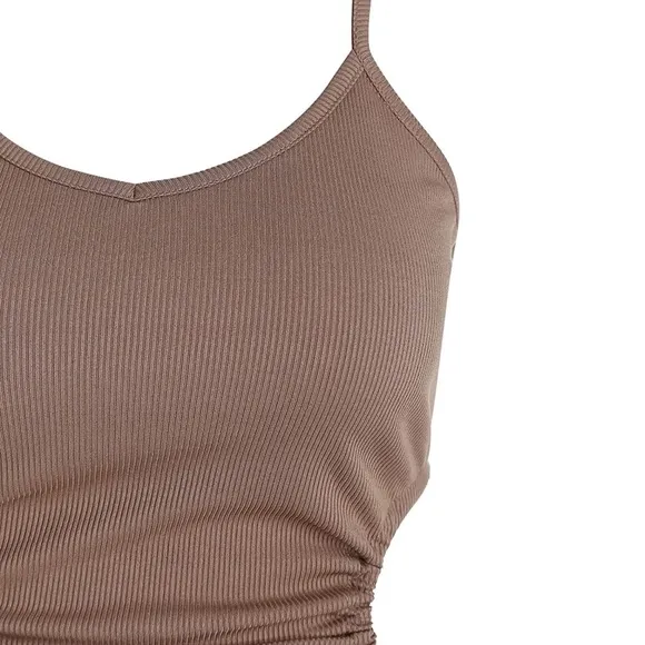 Ribbed V-Neck Waist Side Cutout Tie Ruched Slinky Bodycon Mini Dress Coffee S
