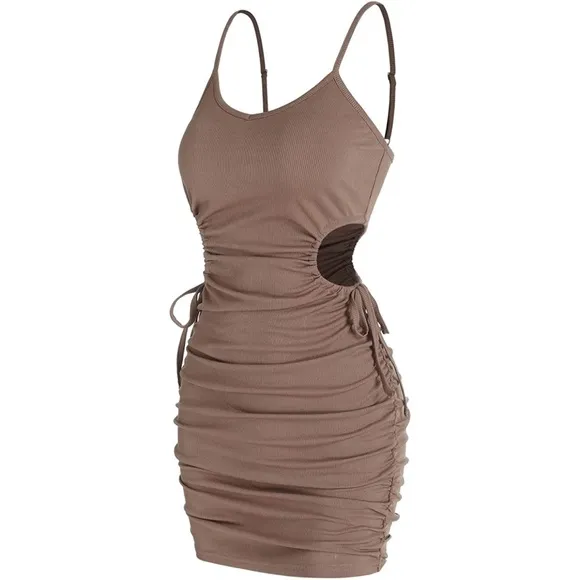 Ribbed V-Neck Waist Side Cutout Tie Ruched Slinky Bodycon Mini Dress Coffee S