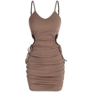Ribbed V-Neck Waist Side Cutout Tie Ruched Slinky Bodycon Mini Dress Coffee S