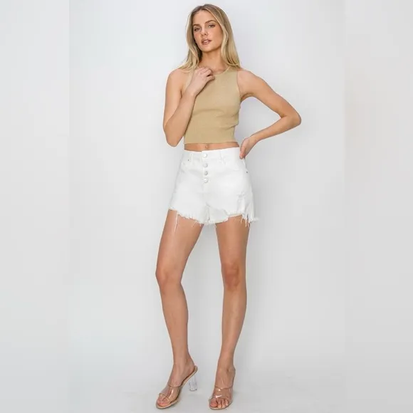 RISEN Button Fly Frayed Hem Denim Shorts