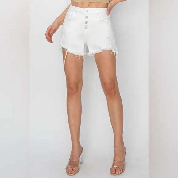 RISEN Button Fly Frayed Hem Denim Shorts