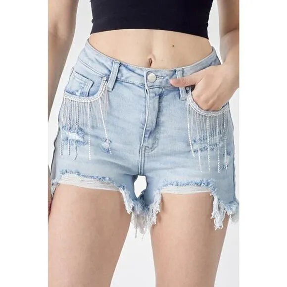 RISEN Distressed Frayed Hem Fringe Rhinestone Front Denim Shorts | Light Wash