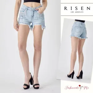 RISEN Distressed Frayed Hem Fringe Rhinestone Front Denim Shorts | Light Wash
