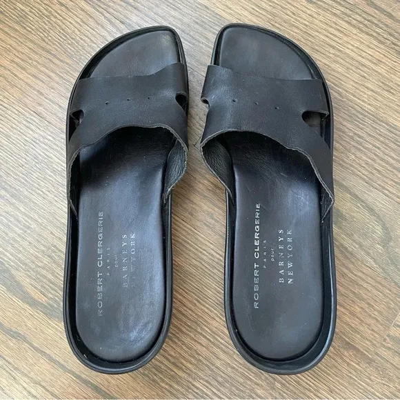 Robert Clergerie Paris Barneys New York Black Leather platform slides sandals