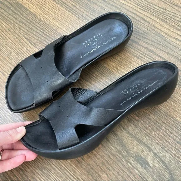 Robert Clergerie Paris Barneys New York Black Leather platform slides sandals