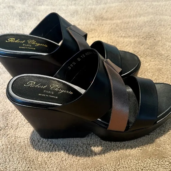 🤎Robert Clergerie Paris Black With Bronze Wedge Sandals - Size 39.5 - New🤎