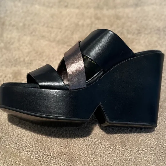🤎Robert Clergerie Paris Black With Bronze Wedge Sandals - Size 39.5 - New🤎
