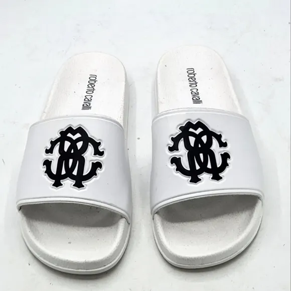 Roberto Cavalli Women Logo Pool Slides Sandals In White Size 6