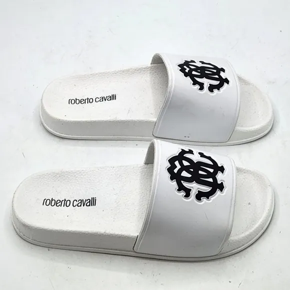 Roberto Cavalli Women Logo Pool Slides Sandals In White Size 6