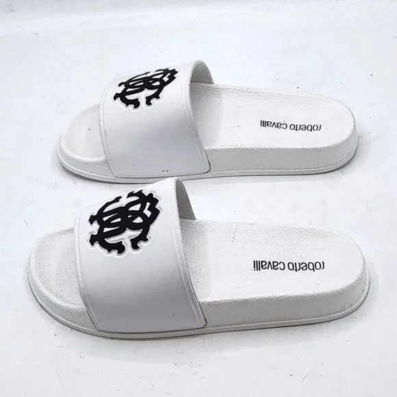 Roberto Cavalli Women Logo Pool Slides Sandals In White Size 6
