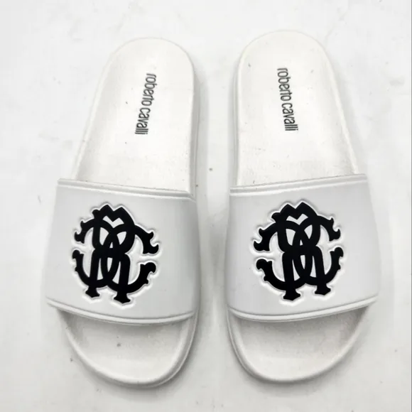 Roberto Cavalli Women Logo Pool Slides Sandals In White Size 6