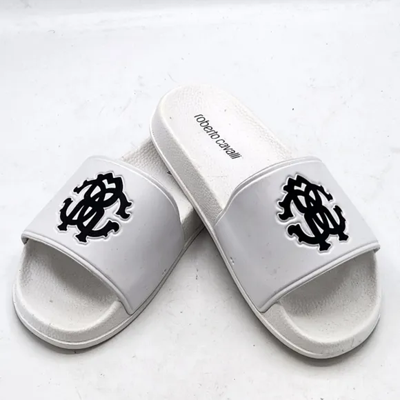 Roberto Cavalli Women Logo Pool Slides Sandals In White Size 6