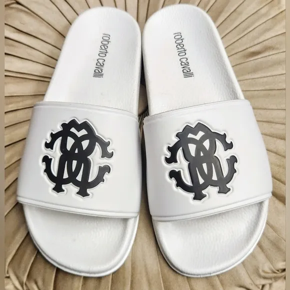 Roberto Cavalli Women Logo Pool Slides Sandals In White Size 6