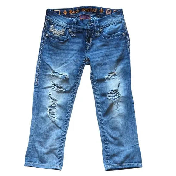 Rock Revival Jeans 23 Vivian Crop Low-Rise Y2K Bling Western Capri Rhinestones