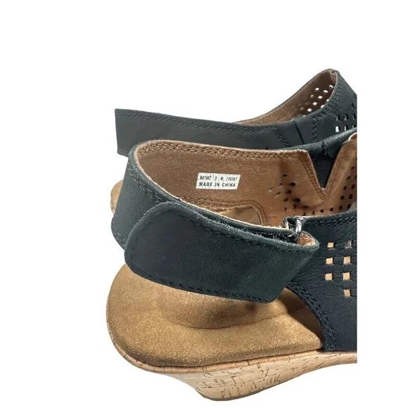 Rockport Briah Perforated Black Wedge Sandal  Size 9M  Comfortable Cork Heel