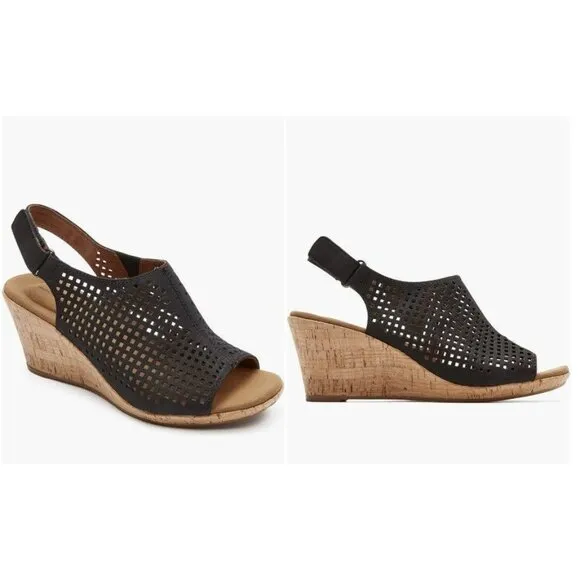 Rockport Briah Perforated Black Wedge Sandal  Size 9M  Comfortable Cork Heel
