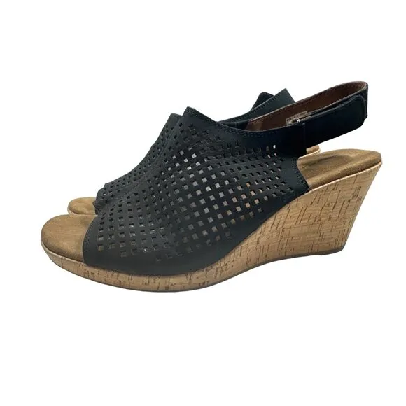 Rockport Briah Perforated Black Wedge Sandal  Size 9M  Comfortable Cork Heel