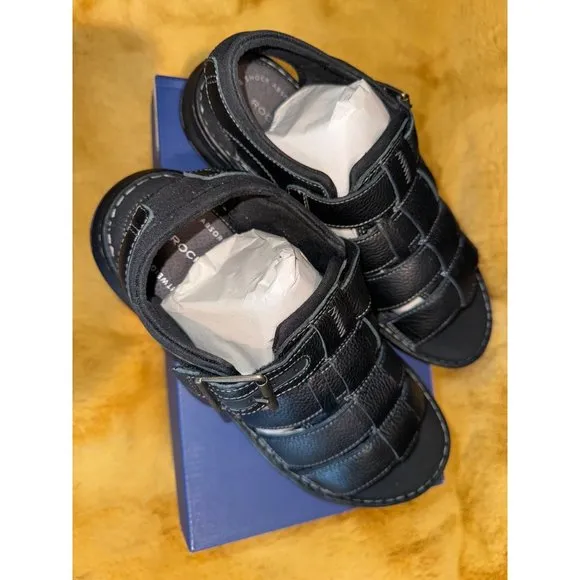 Rockport Men's Darwyn Leather Strap Sandal, Black, Size 8.5, NWT