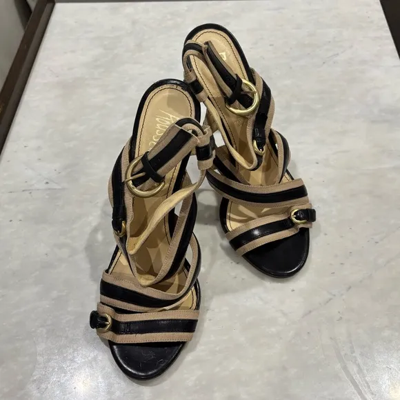 Rousseau Tan and Black Leather Strappy Bandage Heels Sandals size 40 EU