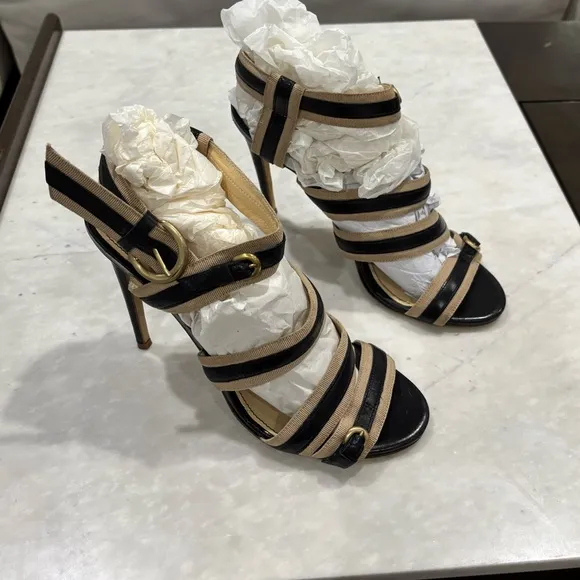 Rousseau Tan and Black Leather Strappy Bandage Heels Sandals size 40 EU