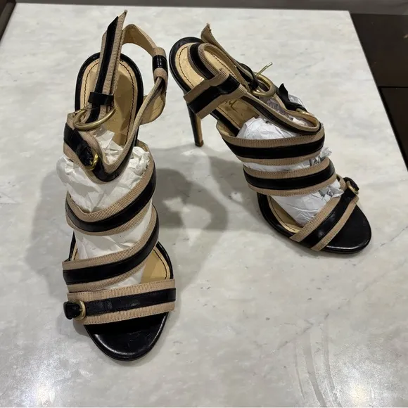Rousseau Tan and Black Leather Strappy Bandage Heels Sandals size 40 EU