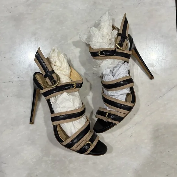 Rousseau Tan and Black Leather Strappy Bandage Heels Sandals size 40 EU