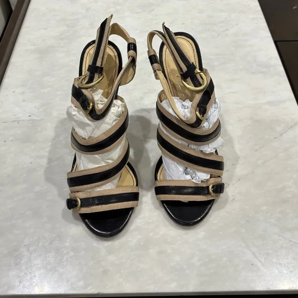Rousseau Tan and Black Leather Strappy Bandage Heels Sandals size 40 EU