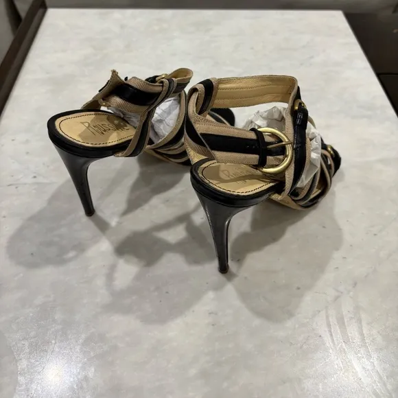 Rousseau Tan and Black Leather Strappy Bandage Heels Sandals size 40 EU