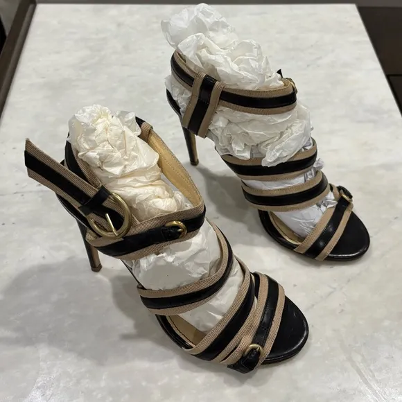 Rousseau Tan and Black Leather Strappy Bandage Heels Sandals size 40 EU
