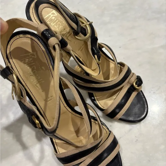 Rousseau Tan and Black Leather Strappy Bandage Heels Sandals size 40 EU