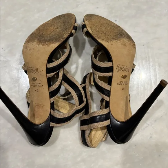 Rousseau Tan and Black Leather Strappy Bandage Heels Sandals size 40 EU
